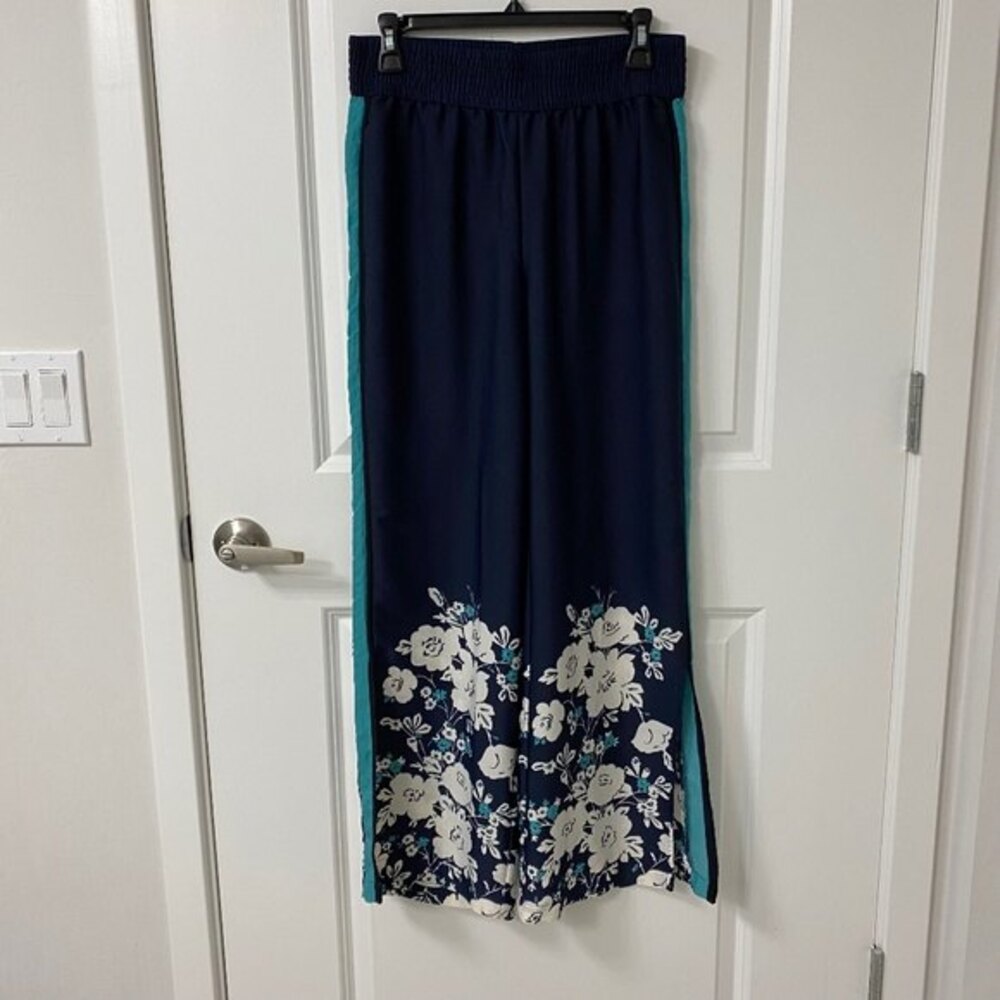 Aerie Floral Wide Leg Palazzo Pants High Waisted Side Slits Aqua Trim Small